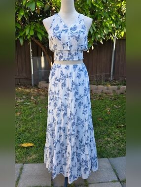 White & Blue Floral Two-Piece Maxi Set Boho Summer Size Small